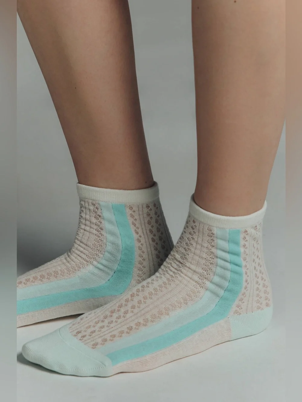 Anthropologie White and Aqua Sheer Knit Ankle Socks
